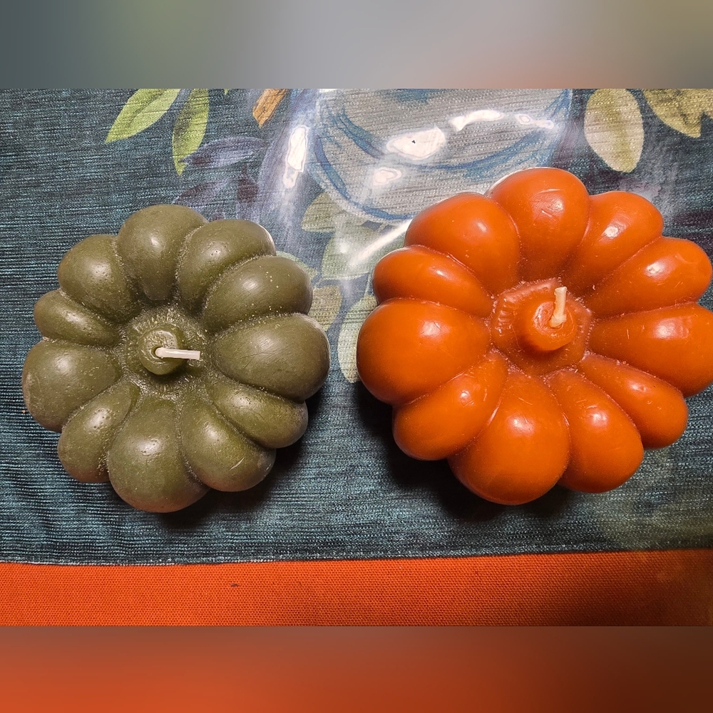 Pumpkin-Shaped Green and Orange Unscented Wax Pillar Candles